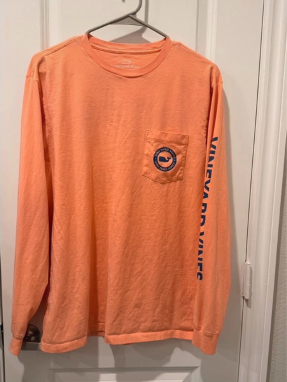 Vineyard Vines Coral-Orange Long Sleeve Pocket Tee with Sleeve Logo